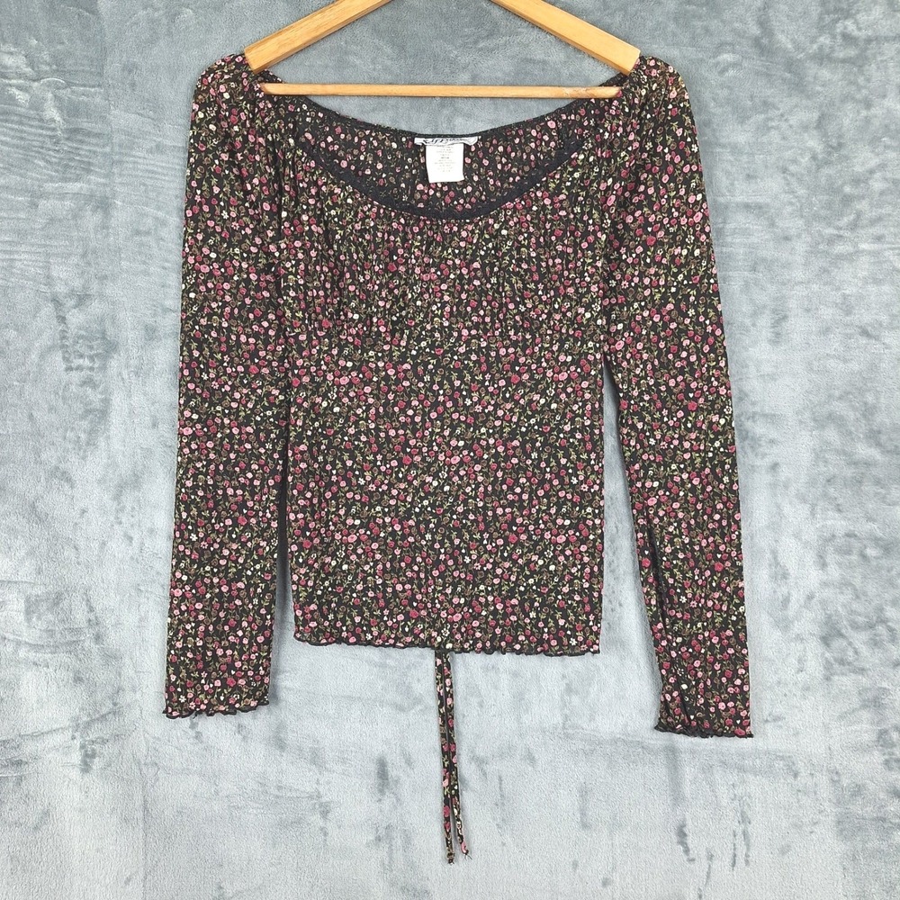 Vtg Womens Top Medium Babydoll Y2K Romantic Floral Lettuce Hem Tie Back Feminine